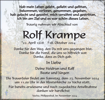 Traueranzeige von Rolf Kampe von Südthüringer Presse