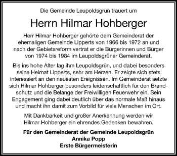 Traueranzeige von Hilmar Hohberger von Frankenpost