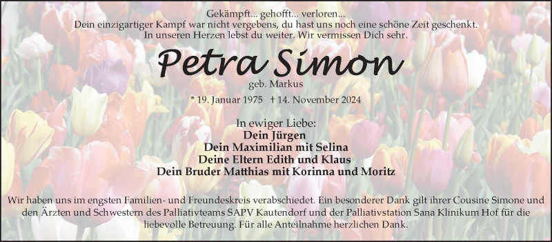  Traueranzeige für Petra Simon vom 23.11.2024 aus Frankenpost