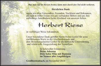 Traueranzeige von Herbert Riese von Südthüringer Presse