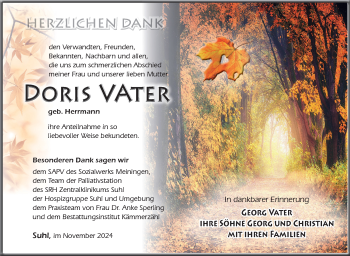 Traueranzeige von Doris Vater von Südthüringer Presse