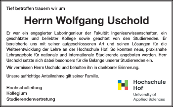 Traueranzeige von Wolfgang Uschold von Frankenpost