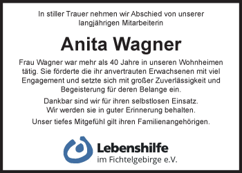 Traueranzeige von Anita Wagner von Frankenpost
