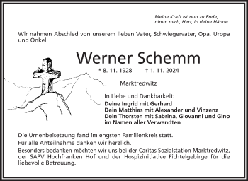 Traueranzeige von Werner Schemm von Frankenpost