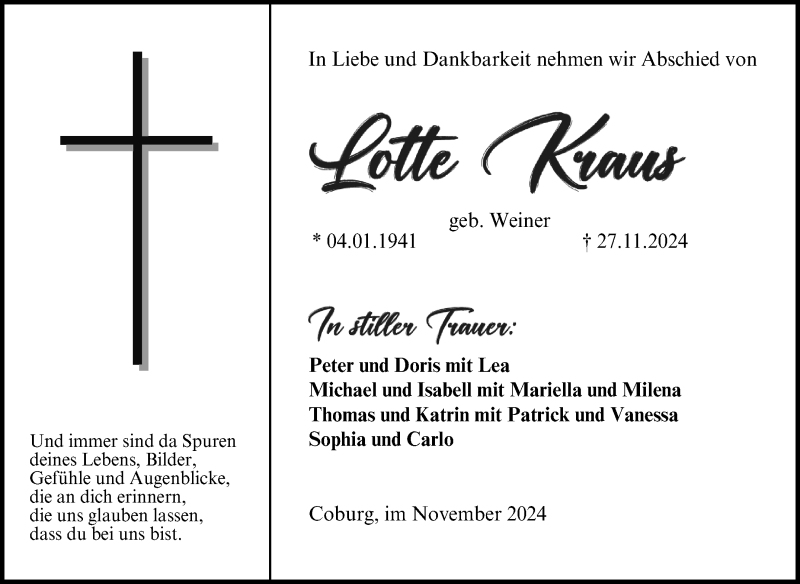  Traueranzeige für Lotte Kraus vom 30.11.2024 aus Neue Presse Coburg