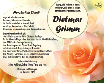 Traueranzeige von Dietmar Grimm von Südthüringer Presse