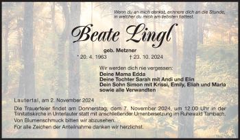 Traueranzeige von Beate Lingl von Neue Presse Coburg