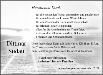 Traueranzeige von Dittmar Sudau von Südthüringer Presse