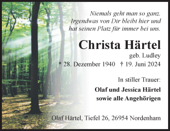 Traueranzeige von Christa Härtel von Südthüringer Presse
