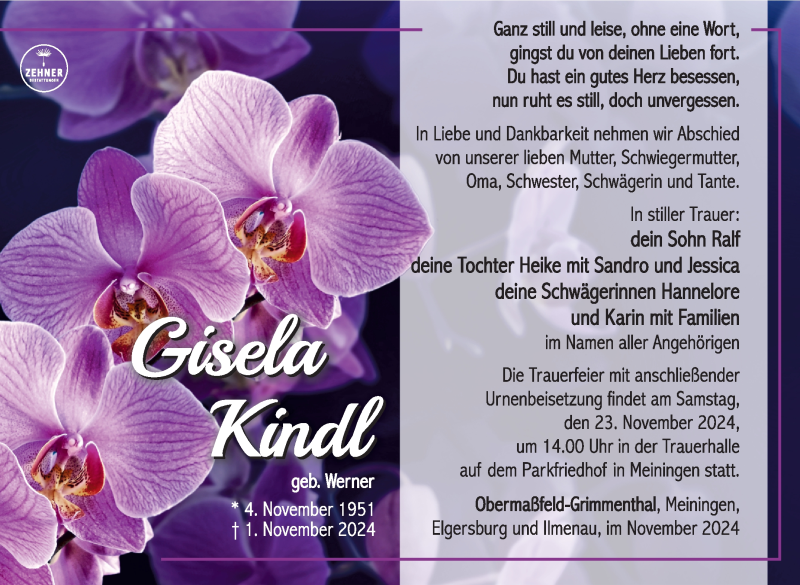  Traueranzeige für Gisela Kindl vom 16.11.2024 aus Südthüringer Presse