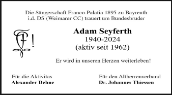 Traueranzeige von Adam Seyferth von Frankenpost