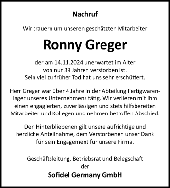 Traueranzeige von Ronny Greger von Südthüringer Presse