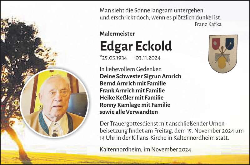  Traueranzeige für Edgar Eckold vom 09.11.2024 aus Südthüringer Presse