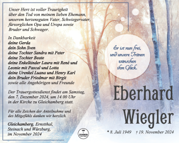 Traueranzeige von Eberhard Wiegler von Südthüringer Presse