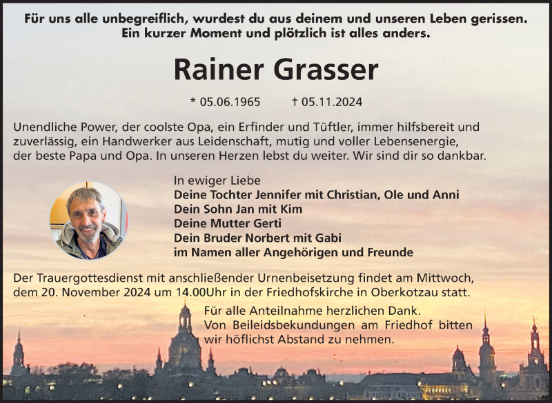  Traueranzeige für Rainer Grasser vom 16.11.2024 aus Frankenpost