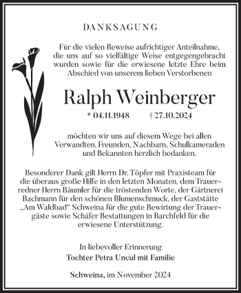 Traueranzeige von Ralph Weinberger von Südthüringer Presse