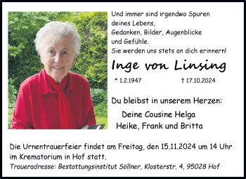 Traueranzeige von Inge Linsing von Frankenpost
