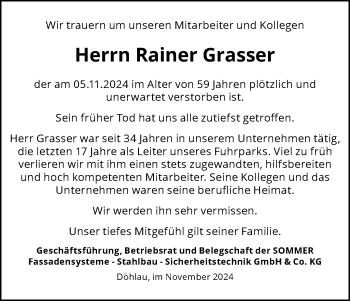 Traueranzeige von Rainer Grasser von Frankenpost