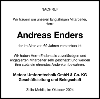 Traueranzeige von Andreas Enders von Südthüringer Presse