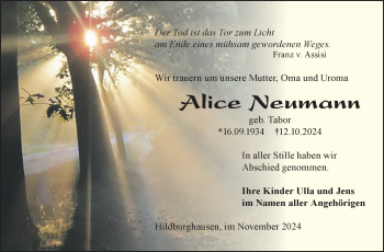 Traueranzeige von Alice Neumann von Südthüringer Presse
