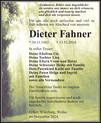 Traueranzeige von Dieter Fahner von Südthüringer Presse