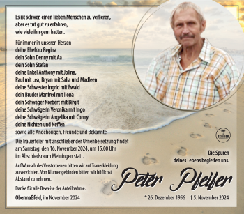 Traueranzeige von Peter Pfeifer von Südthüringer Presse