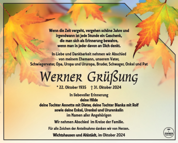 Traueranzeige von Werner Grüßung von Südthüringer Presse