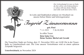 Traueranzeige von Ingrid Zimmermann von Südthüringer Presse