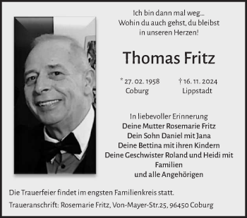 Traueranzeige von Thomas Fritz von Neue Presse Coburg