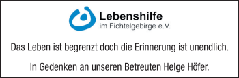 Traueranzeige von Helge Höfer von Frankenpost