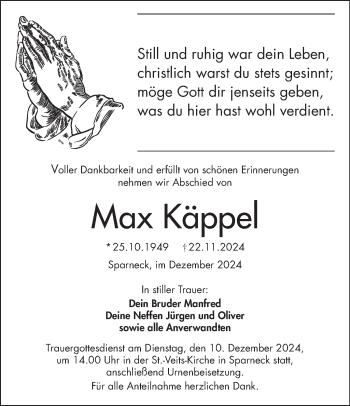 Traueranzeige von Max Käppel von Frankenpost