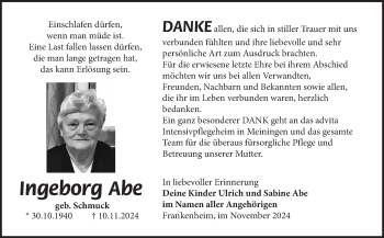 Traueranzeige von Ingeborg Abe von Südthüringer Presse
