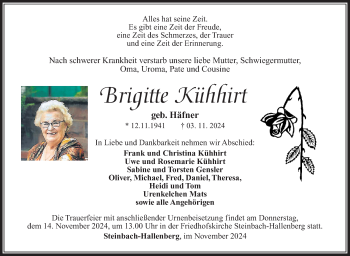 Traueranzeige von Brigitte Kühhirt von Südthüringer Presse