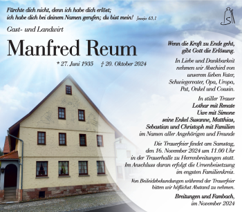 Traueranzeige von Manfred Reum von Südthüringer Presse