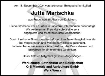Traueranzeige von Jutta Marischka von Südthüringer Presse