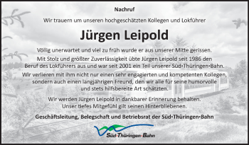 Traueranzeige von Jürgen Leipold von Südthüringer Presse