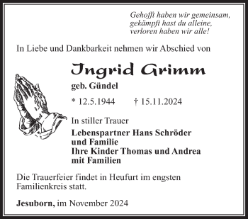 Traueranzeige von Ingrid Grimm von Südthüringer Presse