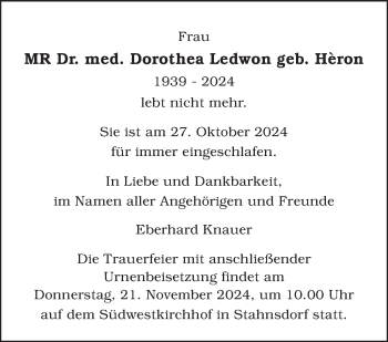 Traueranzeige von Dorothea Ledwon von Südthüringer Presse