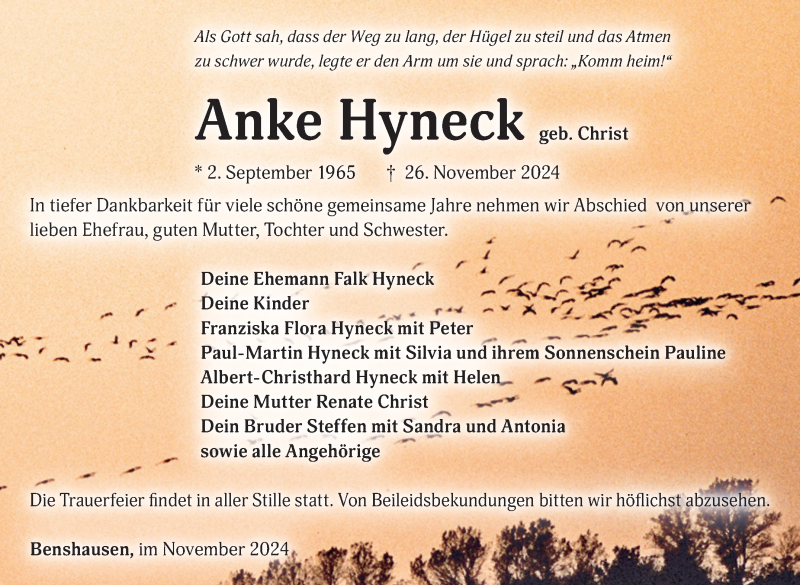 Traueranzeige für Anke Hyneck vom 30.11.2024 aus Südthüringer Presse
