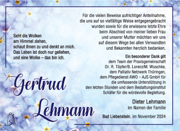 Traueranzeige von Gertrud Lehmann von Südthüringer Presse