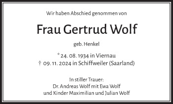 Traueranzeige von Gertrud Wolf von Südthüringer Presse