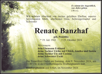 Traueranzeige von Renate Banzhaf von Südthüringer Presse