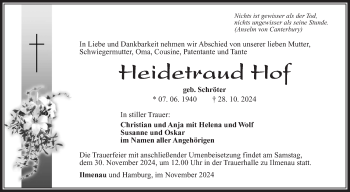 Traueranzeige von Heidetraud Hof von Südthüringer Presse