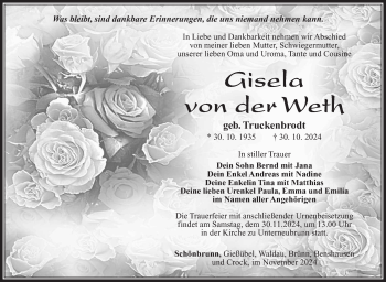 Traueranzeige von Gisela von der Weth von Südthüringer Presse