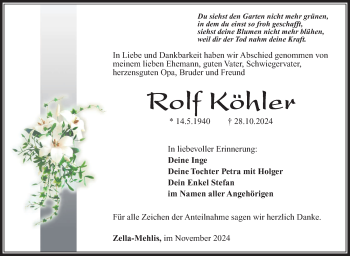 Traueranzeige von Rolf Köhler von Südthüringer Presse
