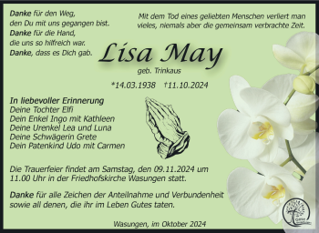 Traueranzeige von Lisa May von Südthüringer Presse