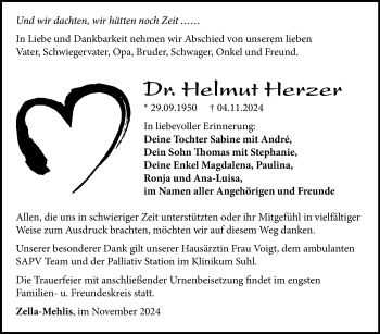 Traueranzeige von Dr.Helmut Herzer von Südthüringer Presse
