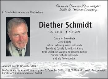 Traueranzeige von Diether Schmidt von Neue Presse Coburg