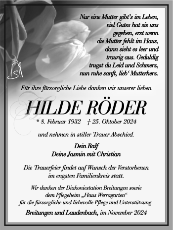 Traueranzeige von Hilde Röder von Südthüringer Presse
