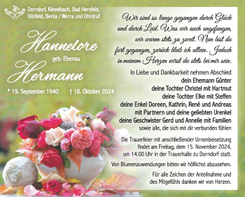 Traueranzeige von Hannelore Herrmann von Südthüringer Presse